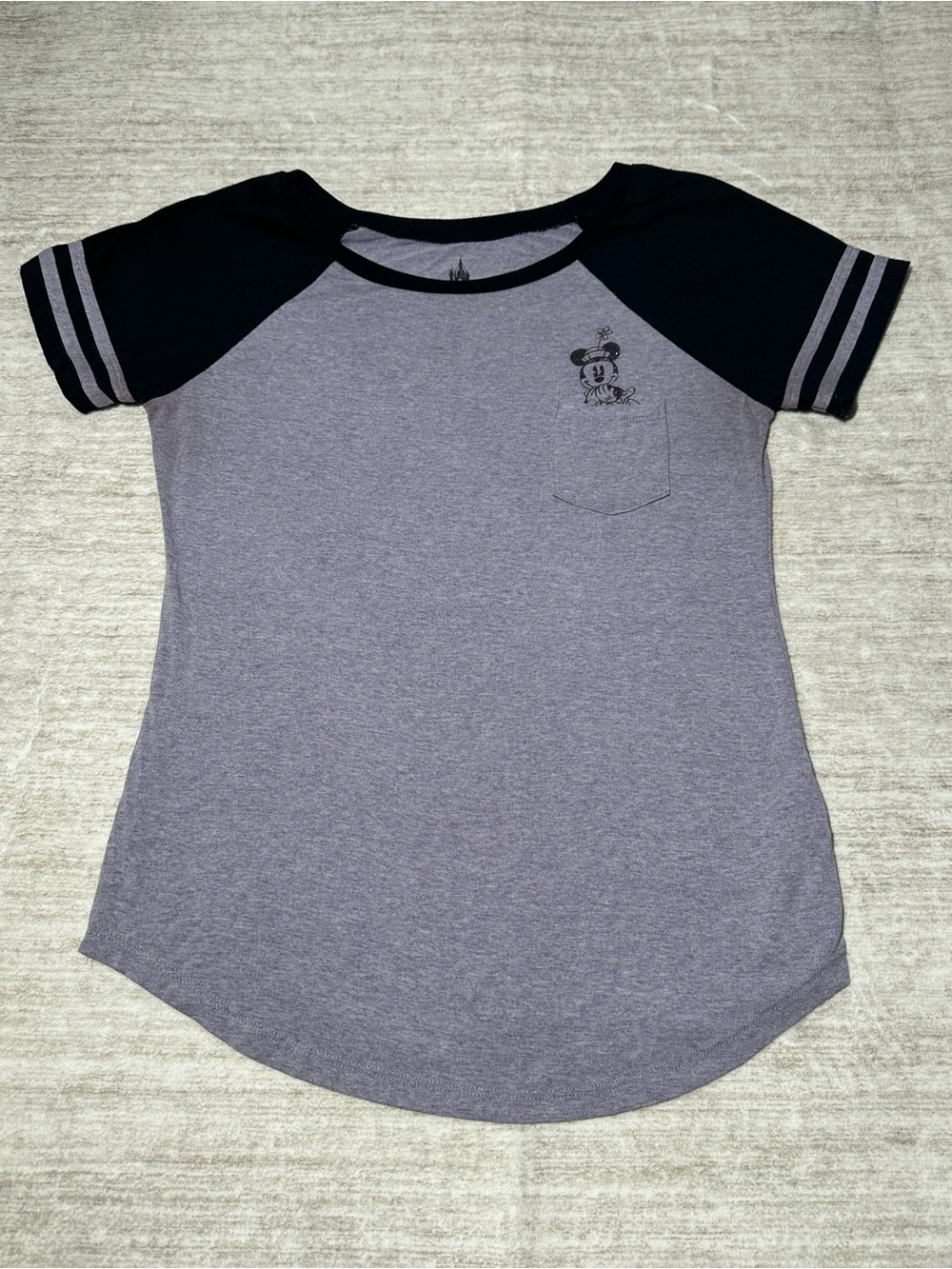 Disney Heather Purple Gray & Black Raglan Tee with Minnie Mouse Pocket Print